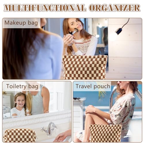 ZLFSRQ 3Pcs Checkered Makeup Bag for Women Large Small Checkered Cosmetic Bag Set Aesthetic Preppy Pencil Case Cute Pencil Pouch Brown Makeup Pouch for Purse Travel Toiletry Bags Zipper Skincare Bags - color: B-Checkered 3Pcs Mix Brown