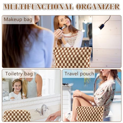 ZLFSRQ 3Pcs Checkered Makeup Bag for Women Large Small Checkered Cosmetic Bag Set Aesthetic Preppy Pencil Case Cute Pencil Pouch Brown Makeup Pouch for Purse Travel Toiletry Bags Zipper Skincare Bags - color: B-Checkered 3Pcs Mix Brown