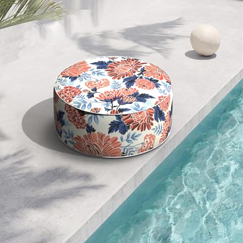 Indoor/Outdoor Inflatable Ottoman with Handle, Decorative Fade-Resistant Round Footstool D21 x H9 inch, Portable Ottoman Pouf for Patio Garden Camping, Red Chrysanthemum - color: Red Chrysanthemum, size: 21"D x 21"W x 9"H