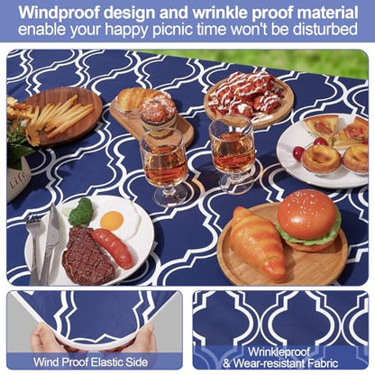 Picnic Table Cover with Bench Covers 6FT 3 Pcs Waterproof Windproof Aesthetic Camping Tablecloth with Drawstring Bag, Fitted for 6 Foot Rectangle Tables and Seats, 72 inch, Navy Blue Morocco - color: Navy Blue Morocco