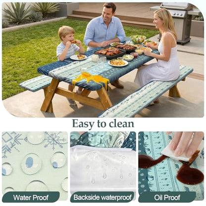 Picnic Table Cover with Bench Covers Camping Essentials Waterproof Windproof Camping Tablecloth with Drawstring Bag, Fitted Rectangle Tables and Seats, 72in, Bohemian - color: Bohemian, size: 72in