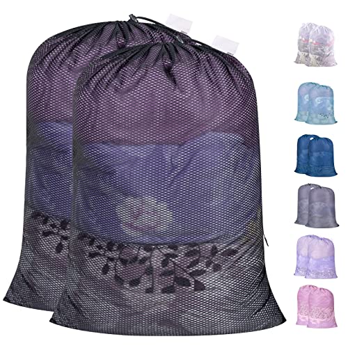 Polecasa Heavy Duty Extra Large Mesh Laundry Bags with ID Tag and Locking Drawstring Closure - 2 Pack, 30 x 36 inches - Laundry Hamper Liner, Washable Laundry Bag for Travel, Sports, Dorms (Black) - color: Black, size: 30"x36"| 2 Pack