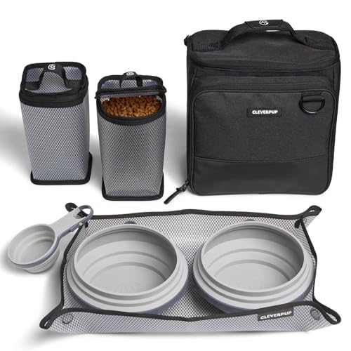 Cleverpup Large 7-Piece Bistro Box Dog Food Travel Kit, 12 Cup BPA-Free Kibble Storage, 2 Silicone Bowls, Mat & Scoop - Portable Pet Food Kit for Weekends, Overnights, Daycare & Camping, Graphite - color: Graphite, size: Large