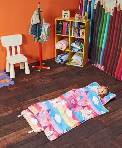EVERYDAY KIDS Nap Mat with Removable Pillow - Unicorn Dreams - Carry Handle with Straps Closure, Rollup Design, Soft Microfiber for Preschool, Daycare, Travel Sleeping Bag - Ages 3-6 Years - color: Unicorn Dreams