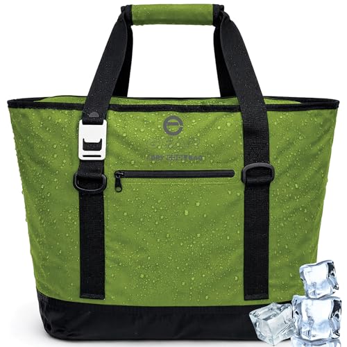 Soft Sided Cooler Tote Bag – Waterproof Leakproof Insulated Dry Bag Cooler with Zipper Top, Collapsible Beach, Pool, Boat, Grocery Cooler (20 or 36 Cans) - color: Green