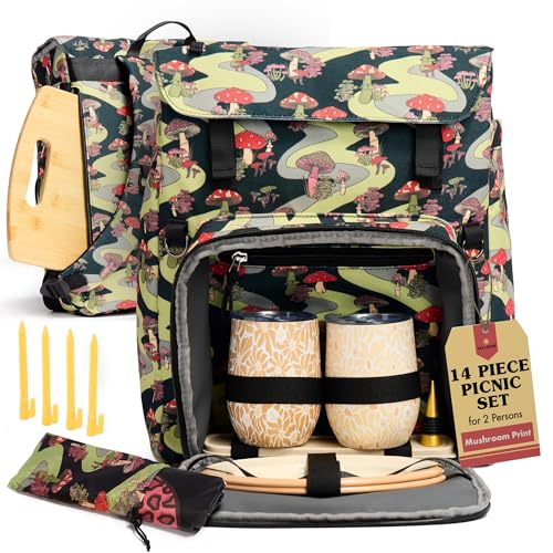 Lax & Daisy Travel Picnic Backpack for 2 Persons - 14 Piece Set Cooler Bags Insulated for Beach, Camping, Hiking & Parks with Blanket, Tumblers, Plates, Gold Cutlery & Cutting Board (Mushroom Print) - color: Moody Mushies (Mushroom Print)