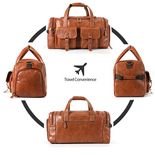 Zeroway PU Leather Travel Duffel Bag with Shoe Pouch Large Carry on Bag Waterproof Weekender Overnight Bag for Men Women Brown - color: Brown