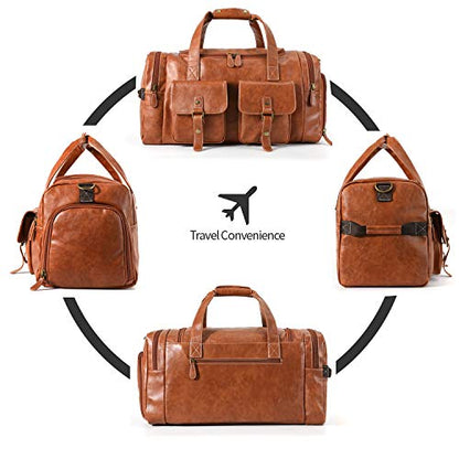 Zeroway PU Leather Travel Duffel Bag with Shoe Pouch Large Carry on Bag Waterproof Weekender Overnight Bag for Men Women Brown - color: Brown