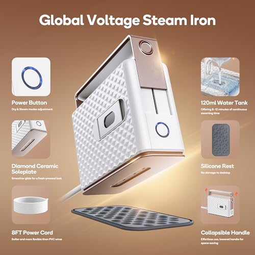 Newbealer 100-240V Travel Steam Iron, 2in1 Handheld Steamer, 120ml (Gold) | Compact for Global Trips & Vacations, Non-Stick Ceramic Soleplate, Heats in 20s, 360° Steaming Anti-Spill, Auto-Off, 1.5 lbs - color: Gold