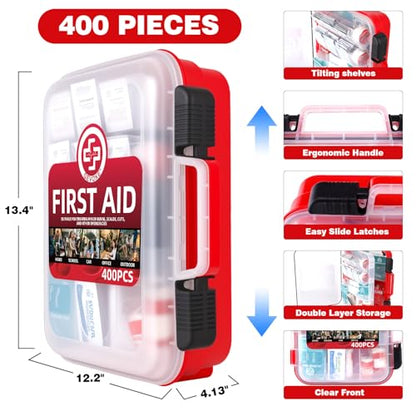 Gevoke 400 Piece First Aid Kit - Organized Dual-Layer Wall-Mountable Hard Case Medical Kit for Home, Car, Camping, Travel, Hiking, Truck, Office, Sports, Vehicle & Outdoor Emergencies - size: Extra Large