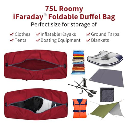 iFARADAY Foldable Duffle Bag 30 inch 75L Large Lightweight Luggage Bag for Travel Camping Storage-Red - color: Red-75L(with shoulder strap)