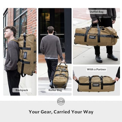 STOVER 45/80/100L Rolling Duffel Bag with Wheels, Large Durable Travel Duffle + Toiletry Bag, Heavy Duty, Packable, Foldable with Shoulder Straps- Use as Luggage or Backpack, Men/Women (Tan) - color: Tan