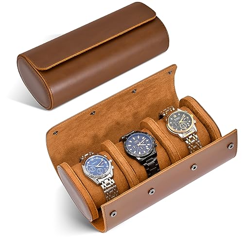 ROSELLE Watch Roll Travel Case for Men and Women- 3 Watch Storage and Organizer-Secure Storage with Innovative Removable Pillows & Solid Dividers for Home, Travel and Display(Brown) - color: Brown-3