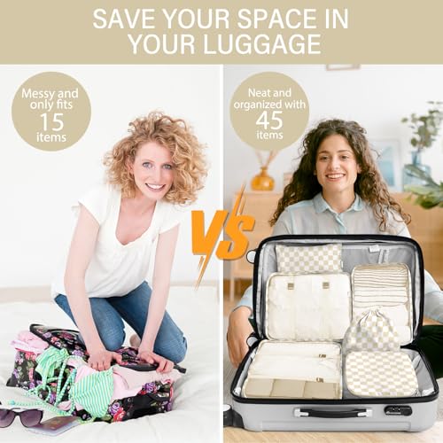 8 Set Packing Cubes for Travel, Luggage Packing Organizers Accessories Large Toiletries Bag for Clothes Shoes Cosmetics (Khaki Checkered) - color: 8Set-Khaki Checkered