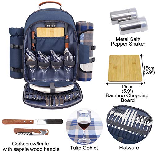 Sunflora Picnic Backpack for 4 Person Set Pack with Insulated Waterproof Pouch for Family Outdoor Camping (Navy Blue) - color: Navy Blue, size: 4 person