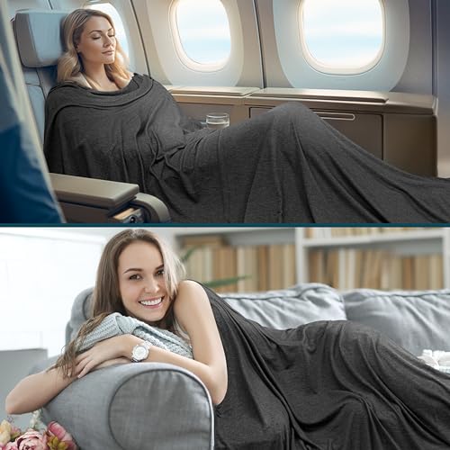 PAVILIA Travel Blanket Airplane Compact with Bag, Lightweight Soft Fleece Plane Blanket Long Flights, Camping Road Trips, Packable Travel Gift Essentials with Luggage Backpack Strap, 65x40, Black - color: Black