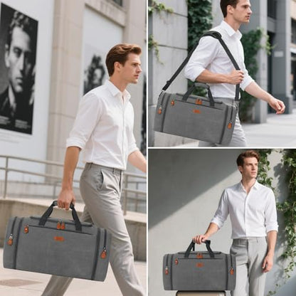 Canvas Mens Duffle Bag for Travel - Expandable 50L Weekender Bags with Toiletry Bag, Overnight Bag Travel Duffel Carry On Luggage with Removable Shoulder Strap, Durable & Water-Resistant - color: 3-Grey