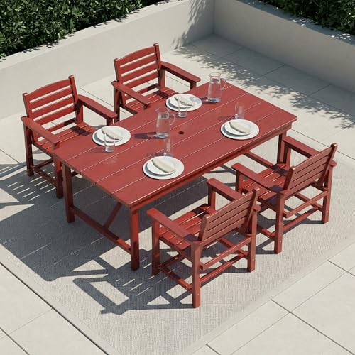 Outdoor HDPE Dining Set 5 Pieces, Patio Table with Umbrella Hole and 4 Chairs, All Weather Patio Furniture for Lawn, Garden, Backyard, Deck, Poolside, Outdoor Dining Table and Chairs, Red - color: Red, size: 5-Piece (1 Table + 4 Chairs)