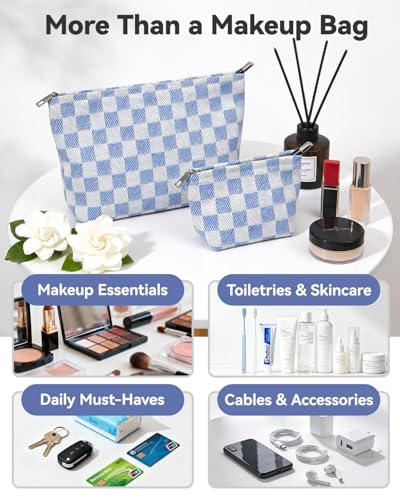 Gingham Canvas Makeup Bag Set Preppy Travel Makeup Pouch for Purse | Premium Thick Canvas Material, Timeless Blue White Checkered, Soft Lining, Daily Use and Gifts - style: Checkered Blue Canvas
