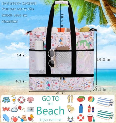 JIANYA Beach Bag Women Waterproof Sandproof Beach Tote Bags with Cooler Top Zipper Large Totes for Pool Travel Daily - color: Ocean Party-beige