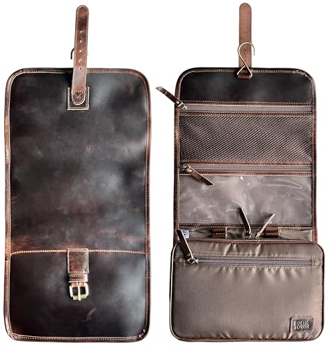 RUSTIC TOWN Leather Hanging Toiletry Bag for Men - Travel Shaving Dopp Kit - Bathroom Shower Toiletries Organizer - Leather Makeup Cosmetic Bag for Women - color: Walnut Brown