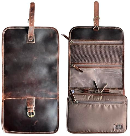 RUSTIC TOWN Leather Hanging Toiletry Bag for Men - Travel Shaving Dopp Kit - Bathroom Shower Toiletries Organizer - Leather Makeup Cosmetic Bag for Women - color: Walnut Brown