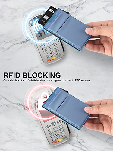TOYFID Pop Up Credit Card Wallet for Men - Metal Slim Minimalist Cards Holder with Money Pocket - RFID Blocking Ultralight Small Aluminum Wallet - color: Blue