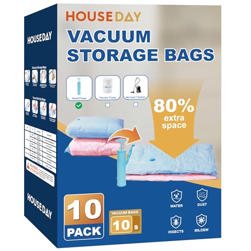 HOUSE DAY 10 Small Vacuum Storage Bags with Pump,Space Saving Vacuum Seal Bags For Clothing Travel, Vacuum Storage Bags For Clothes, Blankets, Moving, Camping, Toys, Reusable & Durable, Hand Pump - size: 10 Small