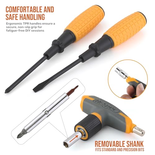Hi-Spec 30pc Magnetic T-Handle Ratchet Wrench and Screwdriver Set. Small Compact Hand Tool Kit Set with Sockets for Home & Car & Office. Toolkit Starter Repairs in a Portable Tool Box Case - color: Yellow