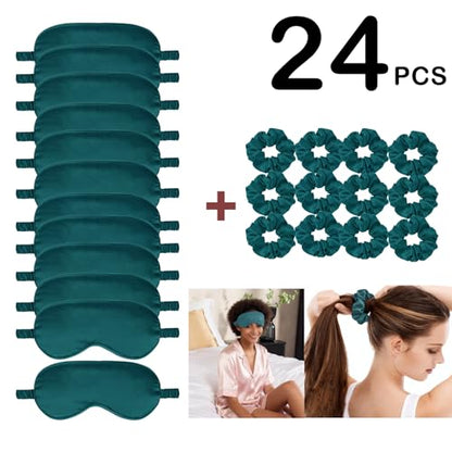 24Pcs Satin Eye Mask Silk Sleep Masks Silky Eyes Cover Blackout Blindfold Eyeshade Scrunchies Hair Ties Travel Wedding Gift - color: Peacock Blue