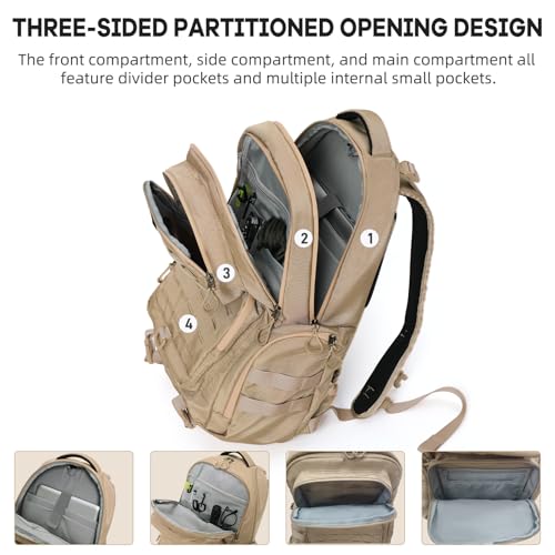 Timeet Tactical Backpack for Men, 21 Inch Khaki 40L Large Capacity, Laser Cut Molle Three Sided Opening, Water Resistant 17 inch Laptop Military Hiking 3 Day Assault Pack - color: Khaki