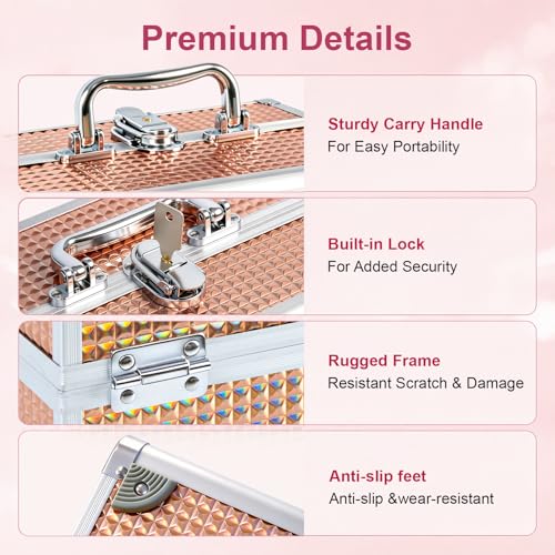 Makeup Train Case, Large Makeup Case with Mirror and Lock, Portable Makeup Box Organizer, 2 Trays Make Up Storage for Travel, Vanity, Cosmetics, Rose Gold