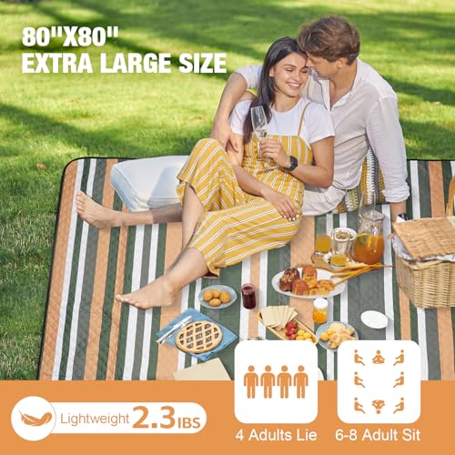 Picnic Blankets Outdoor Extra Large - 80"x80" Waterproof Beach Blanket, Machine Washable 3-Layer Foldable Park Mat with Sandproof Backing for Grass, Hiking, Travel, Concerts, Indoor (Orange) - color: Orange