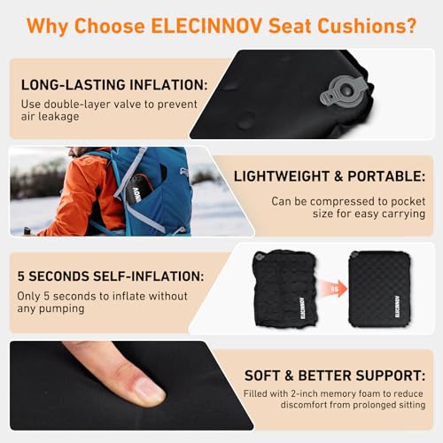 Inflatable Seat Cushion, Self Inflating Memory Foam Portable Stadium Seat Cushions for Bleachers Lightweight Camping Comfort Airplane Cushion for Long Flights Outdoor Events