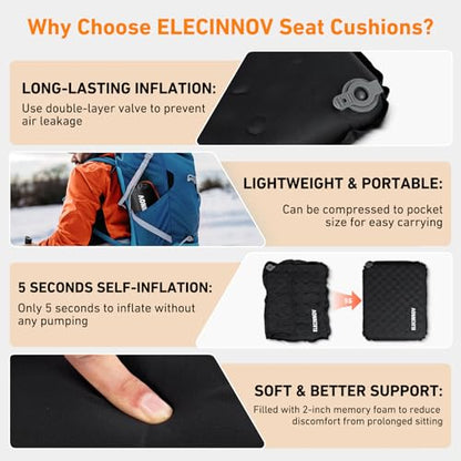 Inflatable Seat Cushion, Self Inflating Memory Foam Portable Stadium Seat Cushions for Bleachers Lightweight Camping Comfort Airplane Cushion for Long Flights Outdoor Events