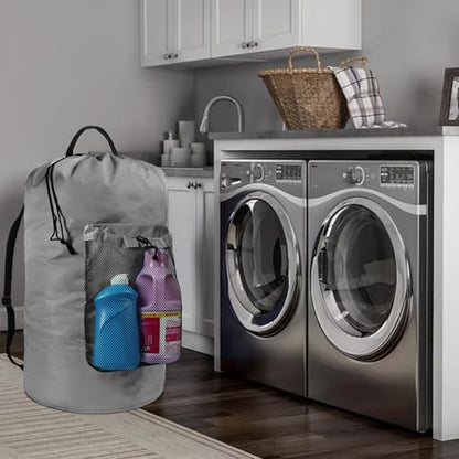 Laundry Bag with Shoulder Straps and Mesh Pocket Laundry Backpack Large Portable Laundry Hamper for College Laundromat Apartment (Gray) - color: Gray