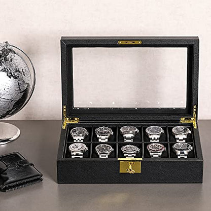 ROTHWELL 10 Slot Leather Watch Box - Luxury Case Display Jewelry Organizer - Locking Watch Display Case Holder with Large Glass Top - Box Organizer for Men and Women (Black/Black) - color: Black / Black