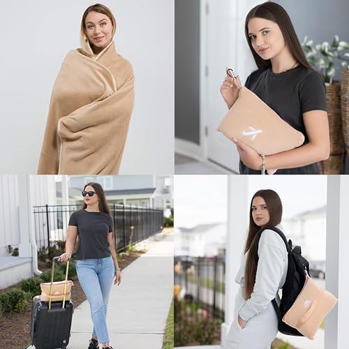 BlueHills 2-Pack Mini Premium Soft Plush Travel Blanket Pillow Airplane Essentials for Two in bag Flight Traveling Warm Portable Plane Blankets Compact Cozy Traveler Backpack Blankets Warm Beige - M26 - color: Beige-2pk-m26
