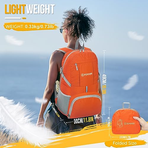 ZOMAKE Lightweight Packable Backpack 35L, Light Foldable Backpacks Water Resistant Collapsible Hiking Bag, Compact Folding Day Pack for Travel Camping(Orange) - color: Orange