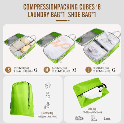 8 Set Compression Packing Cubes for Travel, Expandable Luggage Organizer with Shoe Bag & Laundry Bag - Lightweight Suitcase & Backpack Travel Essentials (Green) - color: Green
