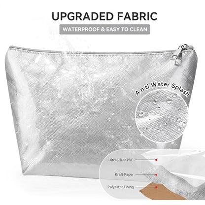 WLLWOO PVC Waterproof Makeup Bag Kraft Paper Cosmetic Bag Travel Toiletry Zipper Pouch Organizer for Women Purse - color: PVC-Silver