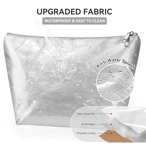 WLLWOO PVC Waterproof Makeup Bag Kraft Paper Cosmetic Bag Travel Toiletry Zipper Pouch Organizer for Women Purse - color: PVC-Silver