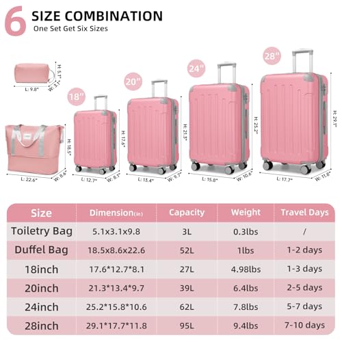 LARVENDER Luggage Sets 6 Piece Hardshell Expandable Suitcases with Spinner Wheels TSA Lock, Lightweight ABS Travel Carry On Luggage Set for Women, Pink Grey - color: Pink Grey 6pcs, size: 6 piece set