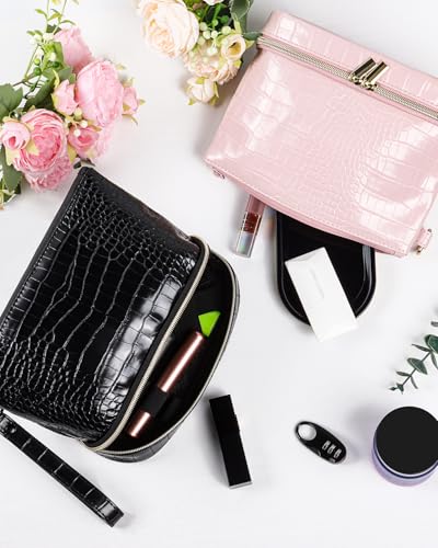 Travel Kit with Combination Lock, Airtight Zipper Metal Tray & UV Block Glass Jar, Durable PU Leather Foldable, Perfect Holidays Gifts for Her (Pink)