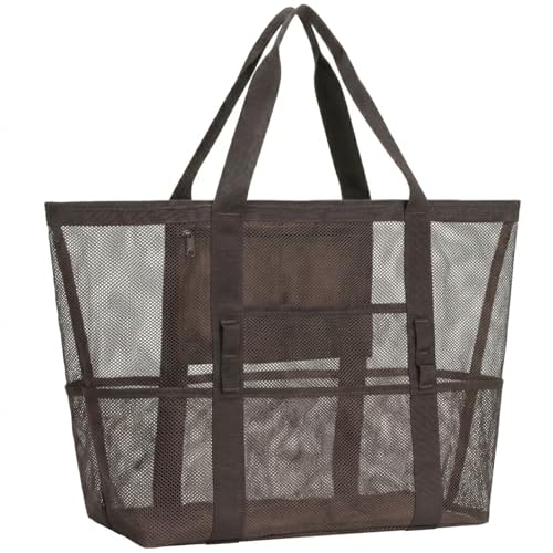 F-color Mesh Beach Bag Family - Large Tote Bag 9 Pockets for Swim Pool Toys Cruise Beach Vacation Essentials - color: Coffee Brown, size: Large with Mesh Bottom