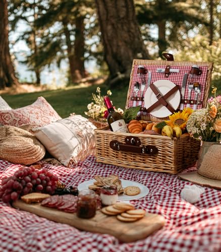 Picnic Basket for 2 with Lid and Handle Waterproof Picnic Blanket, Wicker Picnic Set Kit with Cooler for Beach, Insulated Picnic Baskets, Bridal Shower Gift Wedding Gifts with Mr Mrs Wine Glasses - color: Wedding Gift Style Red and White