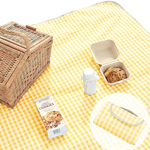Cute Gingham Picnic Blanket, Waterproof Foldable, in Large 80x60in and Extra Large 80x80in, Portable Compact Beach Blanket, Oversized XL Outdoor Mat (Yellow, X-Large) - color: Yellow, size: X-Large