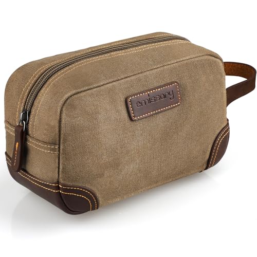 Emissary Men's Leather and Canvas Travel Toiletry Bag, Dopp Kit, Travel Bathroom Bag, Shaving Kit, Small Bags for Travel Accessories (Brown) - color: Brown