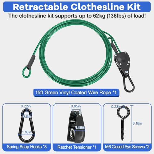 TooTaci 15ft Outdoor Clothesline Kit, 3/16" Green PVC Coated Wire Rope Portable Retractable Clothes Line Kit with Self-Locking Pulley, Screw Hook & Snap Hook for Camping, Backyard, Balcony, Travel