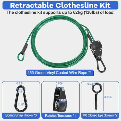 TooTaci 15ft Outdoor Clothesline Kit, 3/16" Green PVC Coated Wire Rope Portable Retractable Clothes Line Kit with Self-Locking Pulley, Screw Hook & Snap Hook for Camping, Backyard, Balcony, Travel